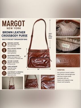 Margot New York Brown Leather Crossbody Purse Multi Pocket Organizer Bag